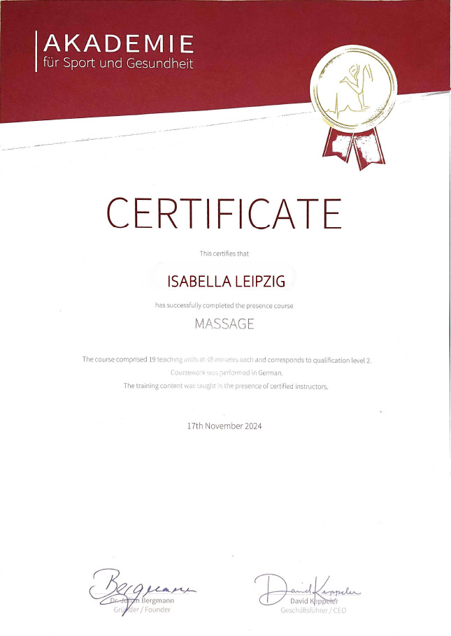 Certificate für professionelle Massage